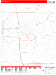East Lansing Wall Map Zip Code Red Line Style 2024